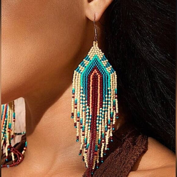 Handmade Beaded Boho Dangle Earrings Tribal Native - Picture 3 of 7